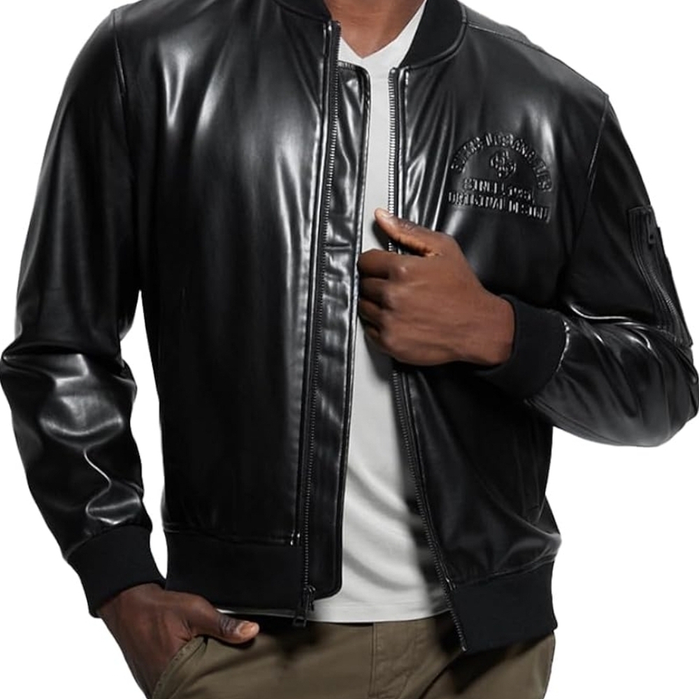 New GUESS mens District Faux Leather Bomber Jacket Size S